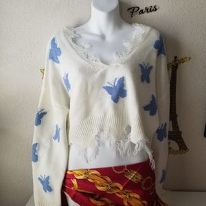 POLLY NEW YORK White Butterfly SWEATER Large